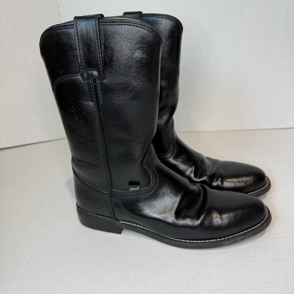 Men’s Justin Basics Black Leather Roper Boots – Size 8.5 EE - Picture 3 of 10